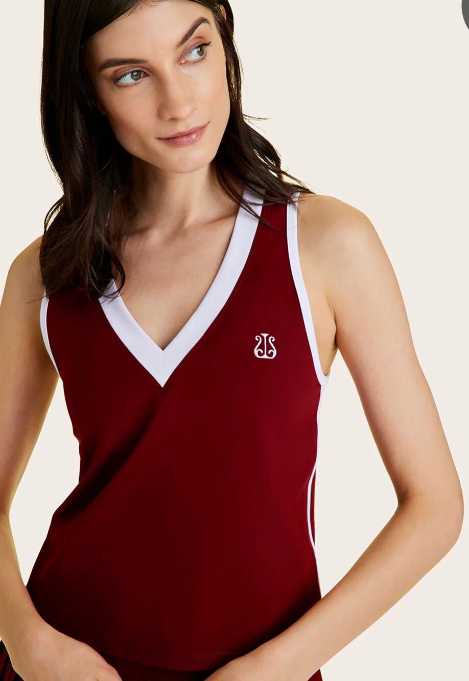 ALALA Garnet Deep Red White Trim V Neck Tennis Tank Top Size S Small NEW